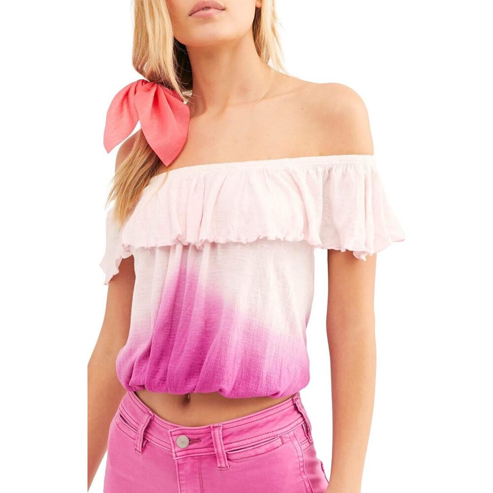 Free People Cora Lee Off Shoulder Top Size M Pink Ombré Ruffle Boho Festival - Picture 2 of 10